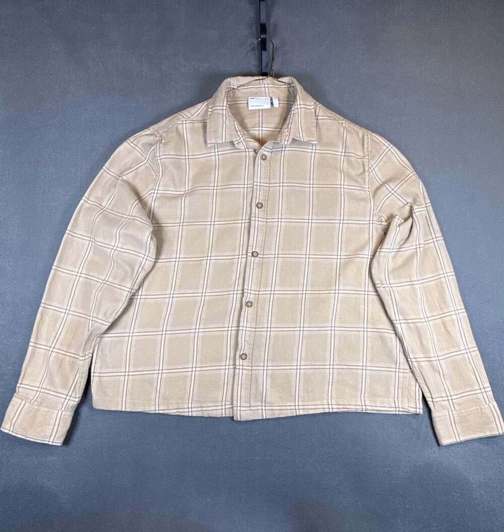 ASOS Design Beige Plaid Check Long Sleeve Button Up Shirt Size Large